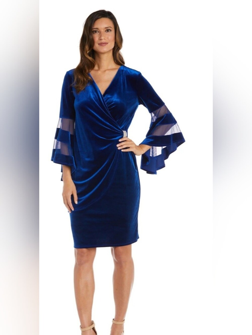R&M Richards Royal Blue Stretch Velvet Faux Wrap Bell Sleeve Dress Size 14